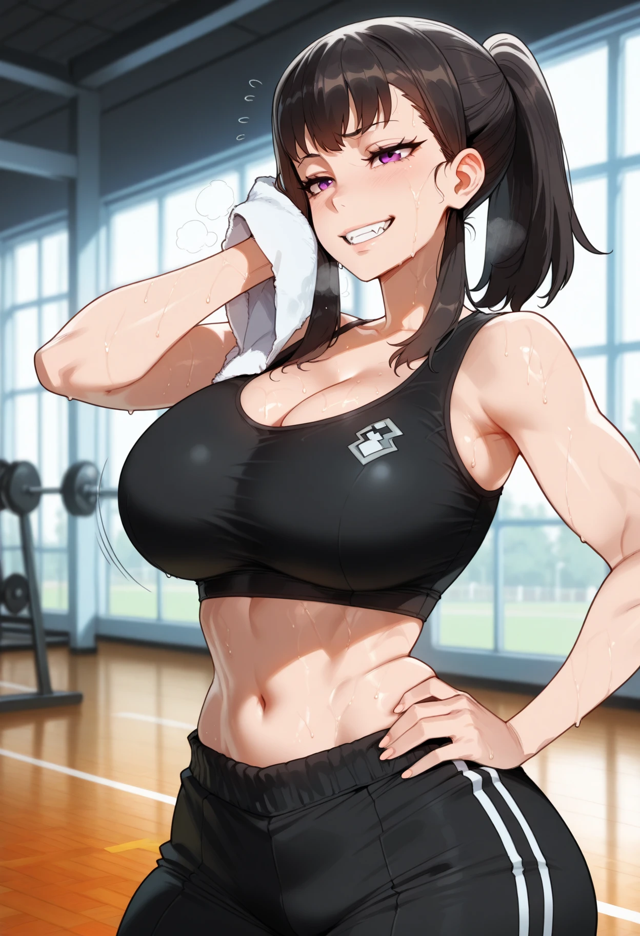 (masterpiece), best quality, expressive eyes, perfect face, gym, workout, hot, sweating, sweaty, tan, big , tan skin, flustered, blush, purple clothes, see thru, yoga pants, black hair, curvy woman , black hair , straight hair, eyes closed emberased, purple hair, purple eyes , big oreaole, ultra hd, action lines, clenching teeth, clenched teeth, in pain, clenching teeth