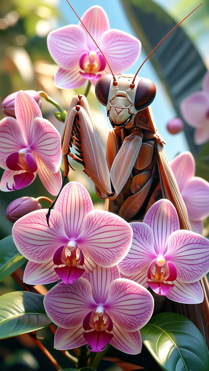 orchid mantis, pale white with pink highlights, hiding on white orchid, preparing to ambush prey, insect macro photography, extremely detailed, high resolution, photorealistic, natural lighting, depth of field, seamless blend of mantis and orchid, vibrant colors