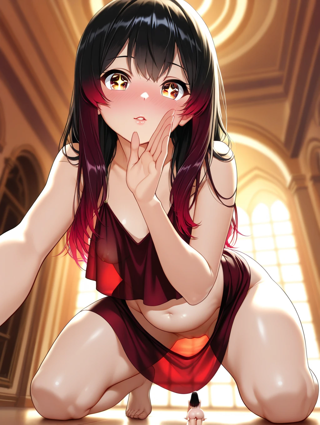 from_below,,(:1.5),(pink_:1.3),,,soft_boob,(((1_girl))),masterpiece, best quality,ultra-detailed,highres,extremely detailed CG,super fine illustration,anime,details,detailed beautiful skin,beautiful face,detailed_eyes,look at viewer, (eyes_in_highlight:1.5),black hair,(hair_band:1.5),(hair_bow:1.5),no nose,(droopy_eyes:1.5),(tareme:1.7),(Round_eyes:1.5),(baby_face),medium breast,(((shy smile))),(crotch_rope:1.5),squat,night_park