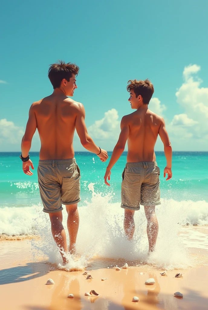 photorealistic, 2  Asian good-looking micro ，Asian  abs rub moist, standing back, backward to viewers, showing huge male , round muscular , bubble , tight , back view, , you can see his beautiful big round , kiss and hug each other. Big bulge , on the beach , under coconut trees 