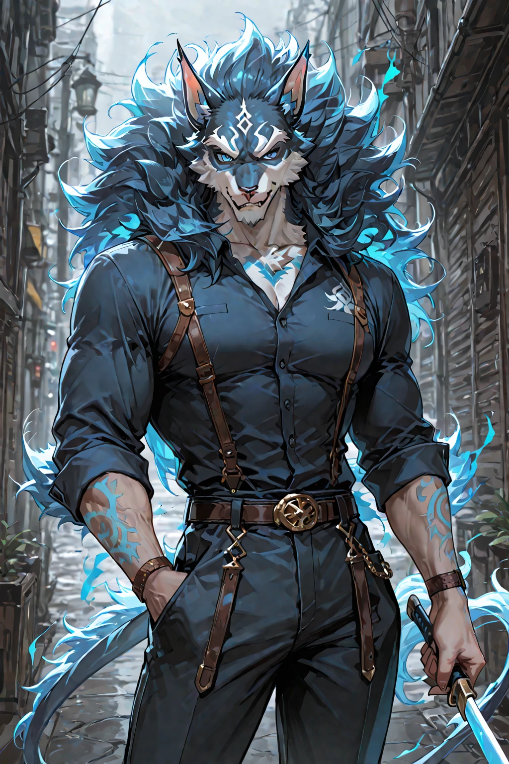 4K, high resolution, best qualityer, perfect colors, perfectly shadowed, perfect lighting,velues, anthropo, velues art, male wolf, gray wolf, (two tone skin), hairy bodies, purples eyes, (seducing gaze), shapely body, perfect male figure, Wear men's boxing pants,Abdomen，musculature, skin detailed, face detailed, face perfect, detailed back ground, wolf tail, (detailedeyes), perfect pupils