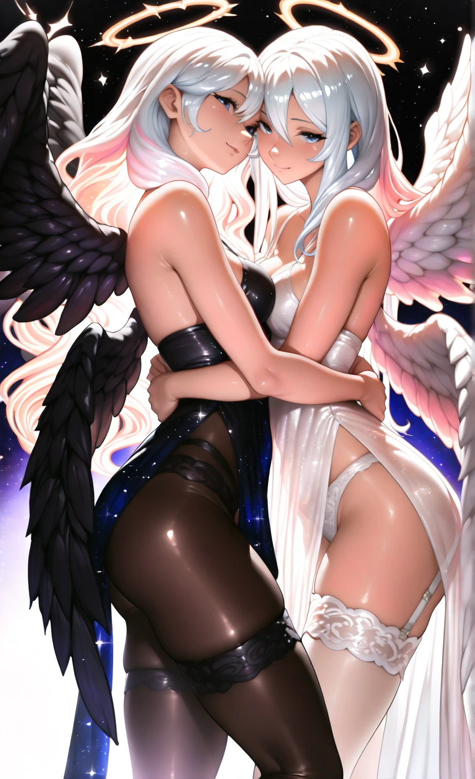 Highest quality,Highest Resolution,(((A beautiful girl with blue eyes and blonde hair in a maid leotard and white angel wings on her back)))and(((A beautiful girl with red eyes, purple hair, and black angel wings on her back in a gothic lolita leotard)))They are  while kissing in the sitting position,saliva,(((Halo))),smile,Frills,Knee-high stockings,A distant view,