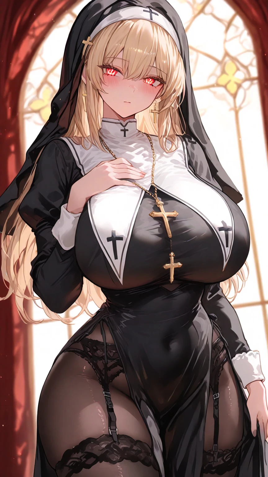 ((from below)), (Masterpiece, High Quality, Female Focus:1.0), Beautiful girl with a stunning, lower body, (????????????:1.5), proudly displayed from head to toe, (Perfect Body, Nice Body), long, wavy ((white hair)), framing her beautiful face, (Bangs:0.5), translucent and tousled, (Blush:1.5), softly blooming on her cheeks, her large, red eyes sparkled with mischief and desire, ear piercings, (???????:1.5), ample and firm, ???? nun costume, church background, gothic aesthetic, victorian