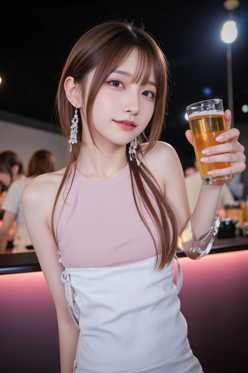 A very cute face like an idol、Looks like a young face、20-year-old female、Gentle and cute、A kind smile、((See-through clothes))、((whole body像))、Cleavage、A crowded bar、Toast with a beer mug、Cinema lighting、Natural light、whole body、RAW Photos、Genuine、(Artistic)、High level of artistry、High quality that is indistinguishable from real life、realism、Real Stick、High resolution、masterpiece