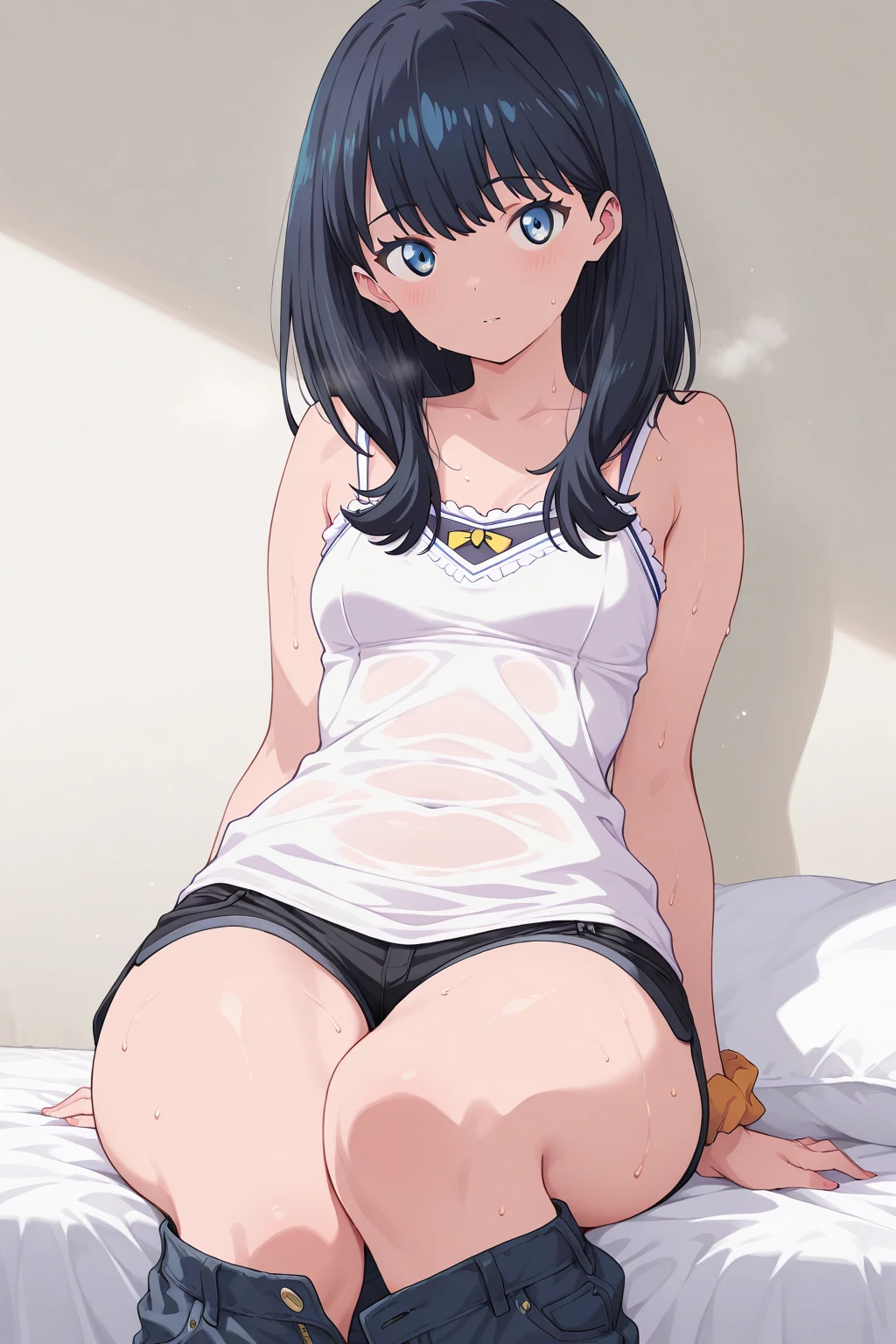 ((1 beautiful girl)),(large udder),(((Top image quality))),(((detail portrayal))),(((Rational portrayal))),(((Best Quality))),(((Indigo hair))),(((Straight hair))),(Short hair - bob cut hair),(((a small face))),(((Pin the bangs to the side))),(((put out one's forehead))),(((asymmetrical bangs))),(((Indigo eyes))),(​masterpiece)), (((drooing eyes))),((top-quality)),((Vivid light and shadow depiction)),(((cute little))),(((Beautiful body lines))), (Detailed body line depiction), ((detailed face depiction)),((ighly detailed)),  (8K), top-quality, (Beautiful fece),(((World-class quality))), ighly detailed, hight resolution,(((Anime filling))),(((de pele branca))),(((wearing a white tank top shirt over ?????))),(((Lower body ?????))),(((Detailed ?????? depiction))),(((red blush))),(((Shameful smile))),(((Composition seen from the front))),(((Luxury hotel rooms))),(((Sitting in bed))),(((Condoms are scattered on the bed)))),(((Open your legs to show your ??????)))