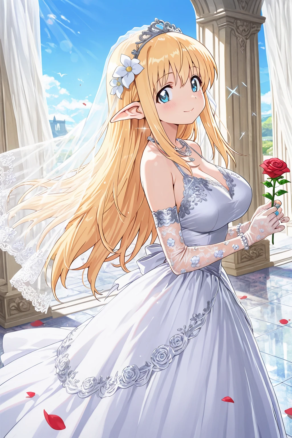 ((Masterpiece)), (((Best quality))), ((Ultra-detailed)), ((illustration)), ((Disheveled hair)), ((frilld)), (1 girl), (Solo),   shoulders，  Blue eyes，  bushes，  Castle， Clothing， Cloud，  Cloudy sky， crown， day， dress，  Female， flower，  Hand on chest， hand on her own chest， Headwear， jewelry， Long hair， view the viewer， necklace， Outdoors， petals， Pink dress，  Rose，  Silver hair，  sky，  No shoulder strap， Strapless dress，  head gear， two sides up，   Very long hair，  White hair， Wind，ssmile,