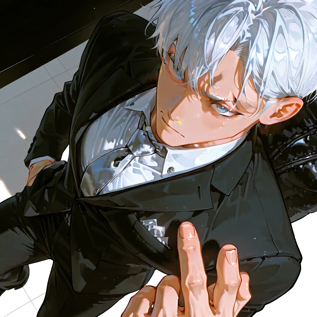 anime character with white hair and black pants standing in front of a wall of papers, handsome anime pose, male anime character, artwork in the style of guweiz, young anime man, tall anime guy with blue eyes, anime full body illustration, white haired, detailed anime character art, pixiv daily ranking, anime aesthetic