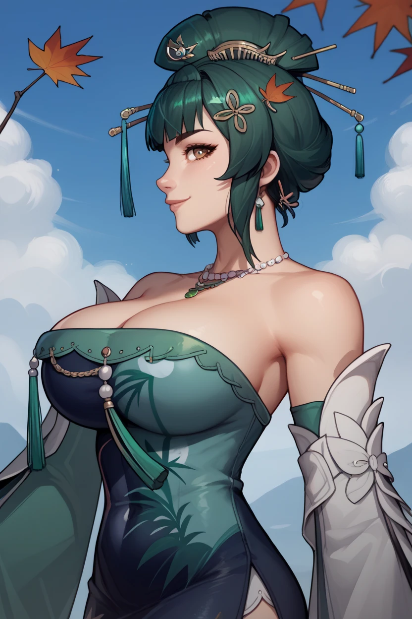 masterpiece, best, 1girl, bangs, strapless, brunette, blue bottom, big breasts, cape, cleavage, collarbone, green dress, gloves, gradient, gradient background, bun, hair accessory, hair stick, jewelry, mole, necklace, smile solo, stockings, tops, arms behind,