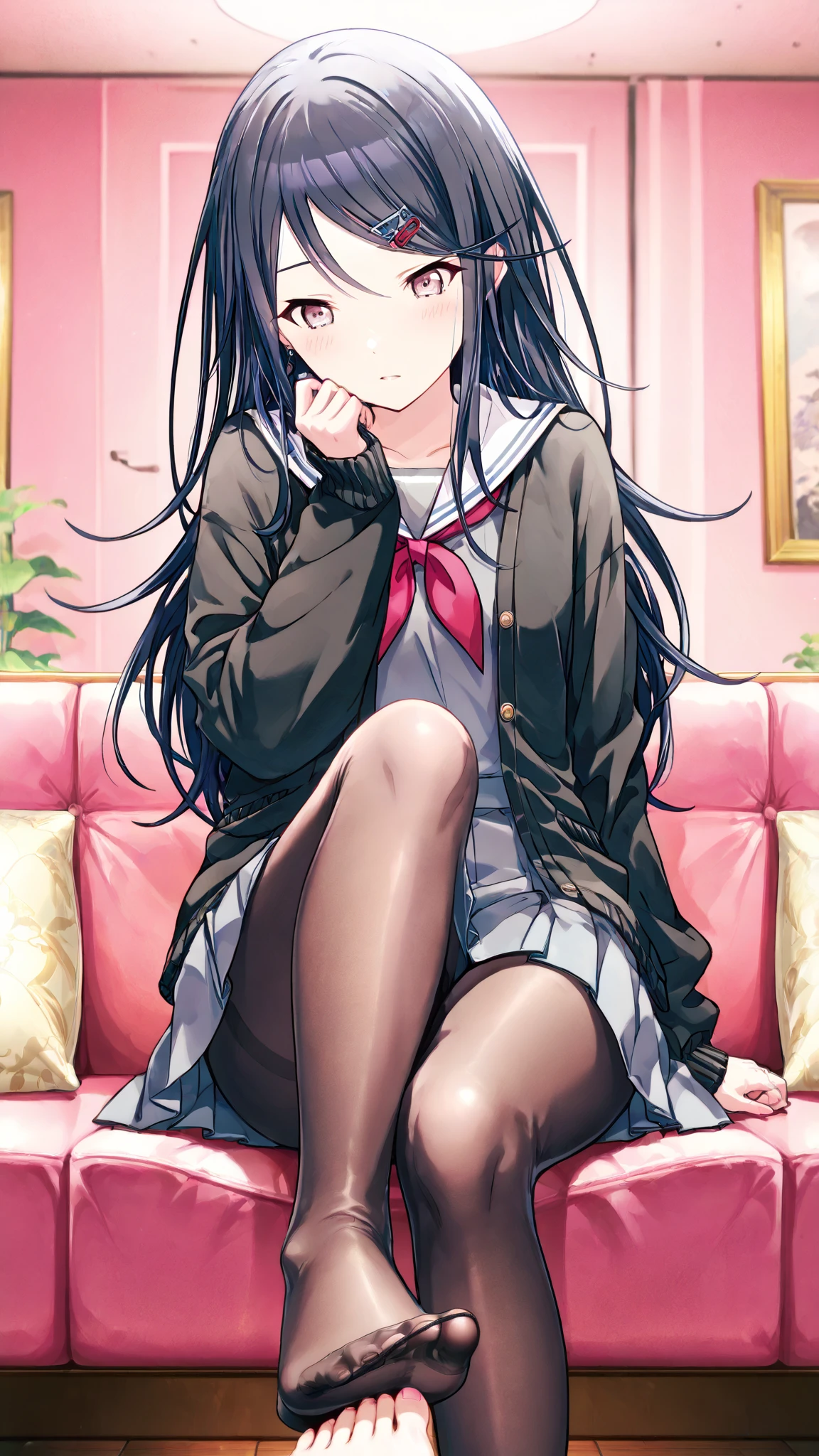 (8K、Best image quality、Highest quality、masterpiece)、One tall girl、((Full body))、Sit on the floor with your legs spread apart、White  are visible、Long Hair、Wavy Hair、blush、Moderate bust、White collared shirt、Short sleeve、((Plaid pleated ))、Classroom Background、((black tights))、Black Pantyhose、((No shoes))