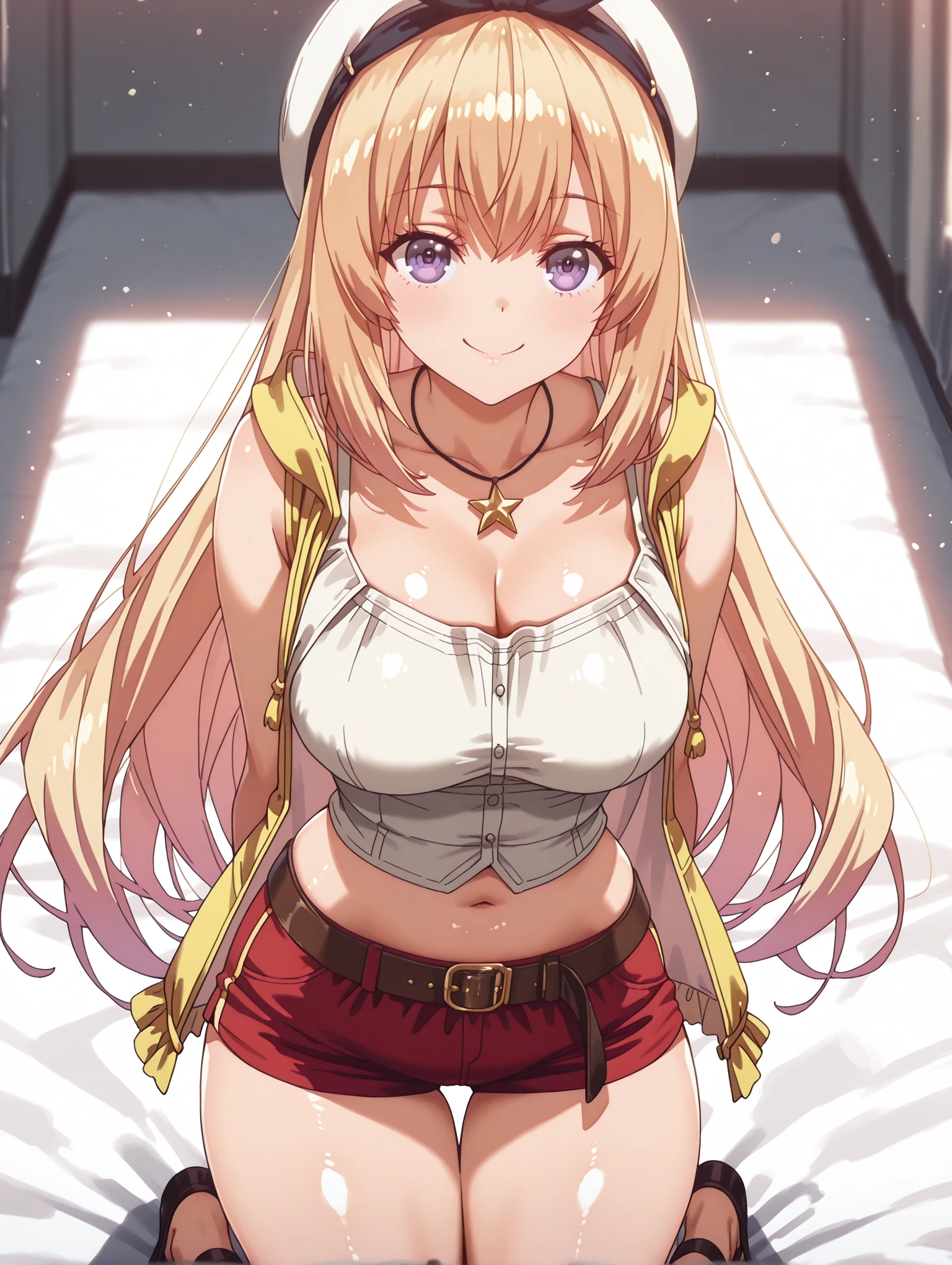 Raphtalia woman 24 years old straight golden blonde hair, orejas de oso, ojos rosados, piel morena, pechos grandes Excelente calidad, sumamente colorido, vestida con un vestido egipcio blanco, con escote profundo, con aberturas a los costados de la falda, dejando al descubierto sus piernas, con collar antiguo, estilo egipcio, pulseras doradas, aretes azules,  cabello largo, cabello lacio, ojos amarillo dorado, mirada muy traviesa,  smile, sonrisa sexy, ultra mujer sexy , , pechos firmes, entorno del antiguo Egipto, at the top of a pyramid, sol de fondo,  de pie parada .