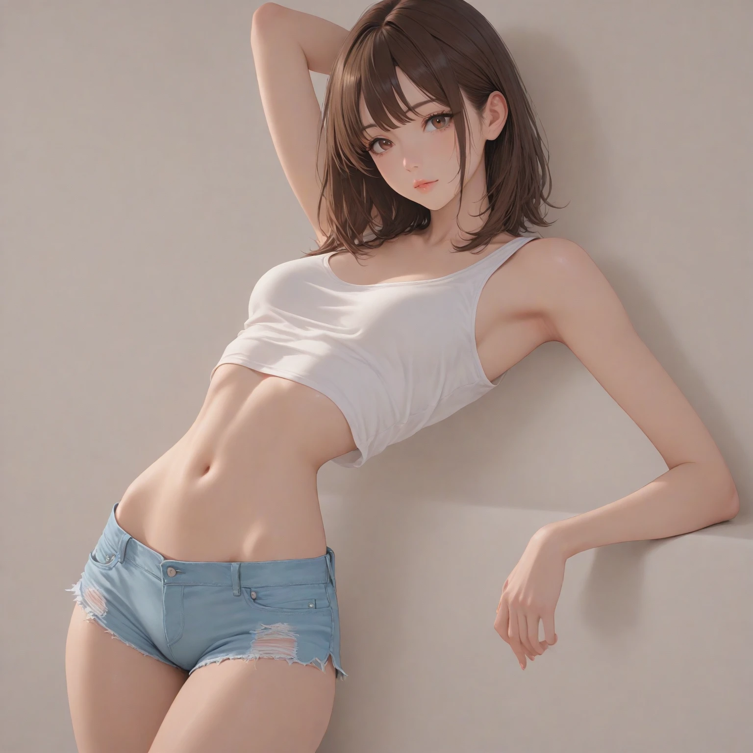 ((medium breast, tomboy girls, small head)), daylight, sunlight, (chiseled abs : 1.1), (perfect body : 1.1), (short wavy hair : 1.2) , auburn hair, collar, chain, full body shot, crowded street, wearing black tanktop, jeans jacket, ((shorts)), (extremely detailed CG 8k wallpaper), (an extremely delicate and beautiful), (masterpiece), (best quality:1.0), (ultra highres:1.0),  beautiful lighting ,perfect lightning, realistic shadows, [highres], detailed skin, ultra-detailed