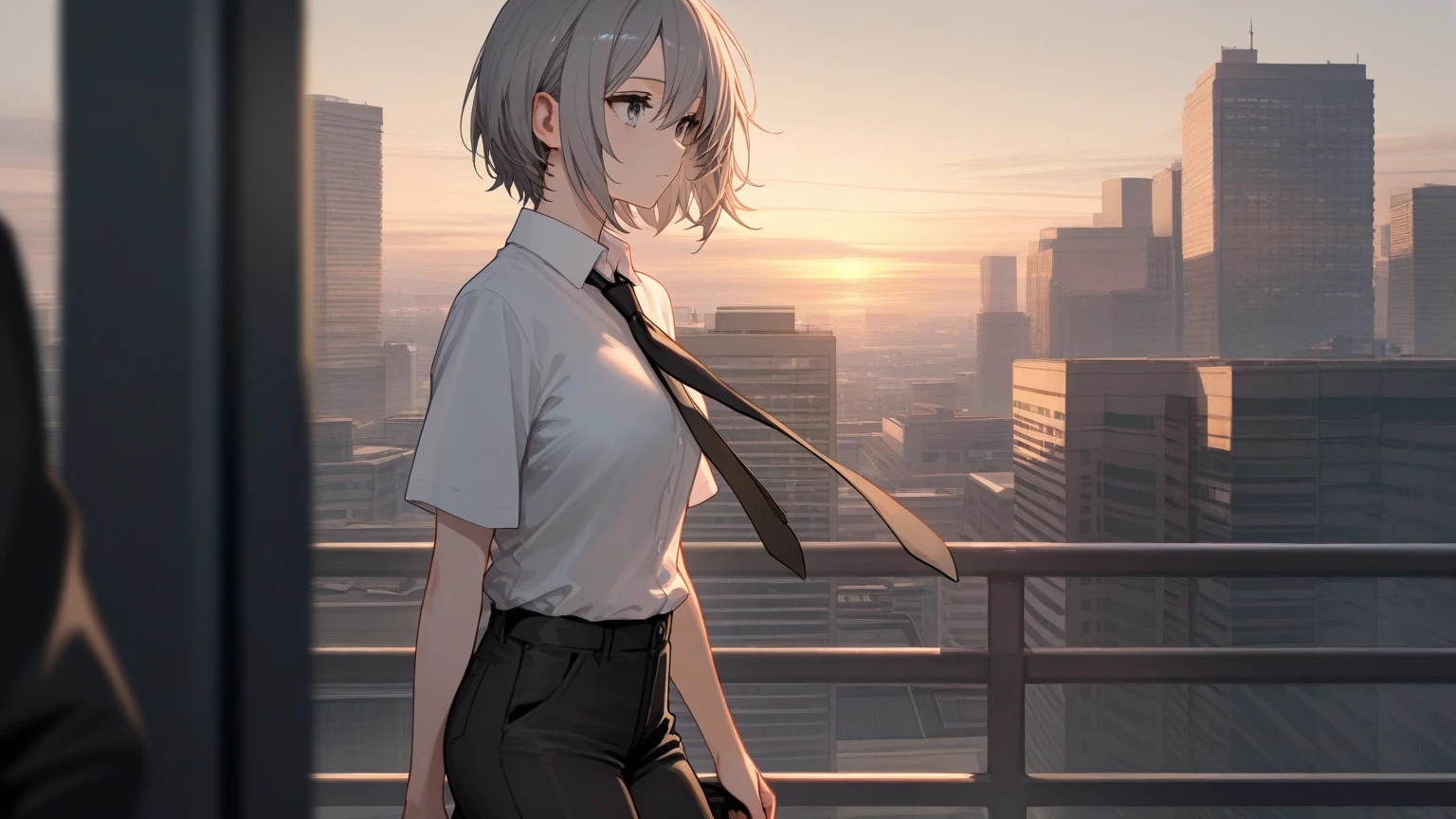 A half-body portrait of a  man with Smoky white hair, brown eyes ,wearing black suit.black tone, look back at the half-body image. look back. city view at night