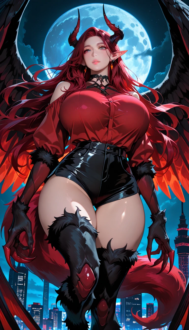 book cover asteroid armaggeddon, , full body of a woman with a stupid face of Winona Ryder morphed with Angelina Jolie with red hair and a city skyline, spider web lace, cracked glass canvas decoration, delight face, extremely laughing, the most gigantic , fantasy extremely long hair in the wind, huge moo in the backround,  dan mumford tom bagshaw, in style of digital illustration, a beautiful artwork illustration, stunning digital illustration, stylized urban fantasy artwork, detailed matte fantasy portrait, epic portrait illustration, anna dittman, exquisite digital illustration, martin ansin artwork portrait, in style of dark fantasy art, red haired goddess