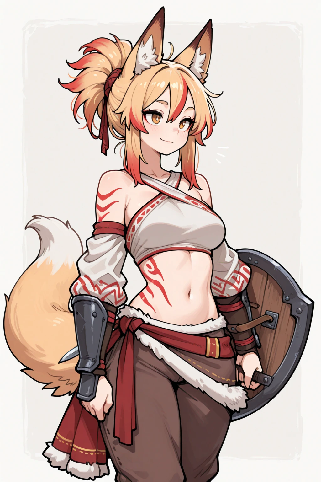 Masterpiece, High quality, High quality of art, best quality, best details, anime lineart, 1boy, Femboy, fox ears, fox tail, light blue eyes, light carrot hair, Short Shorts, Red shadows under the eyes, a bell near the fox's ears, A red and white rope on his belt, a large bow on his back