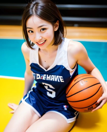full body,looking away,dribbling a basketball,,smile,sportswear for basketball, adorable, japanese girl, Hair brown hair,Braid, hair scrunchie, (high color saturation:1.0), highest quality, ultra high resolution, photo-realistic, Super detailed, 8K, RAW photo 
