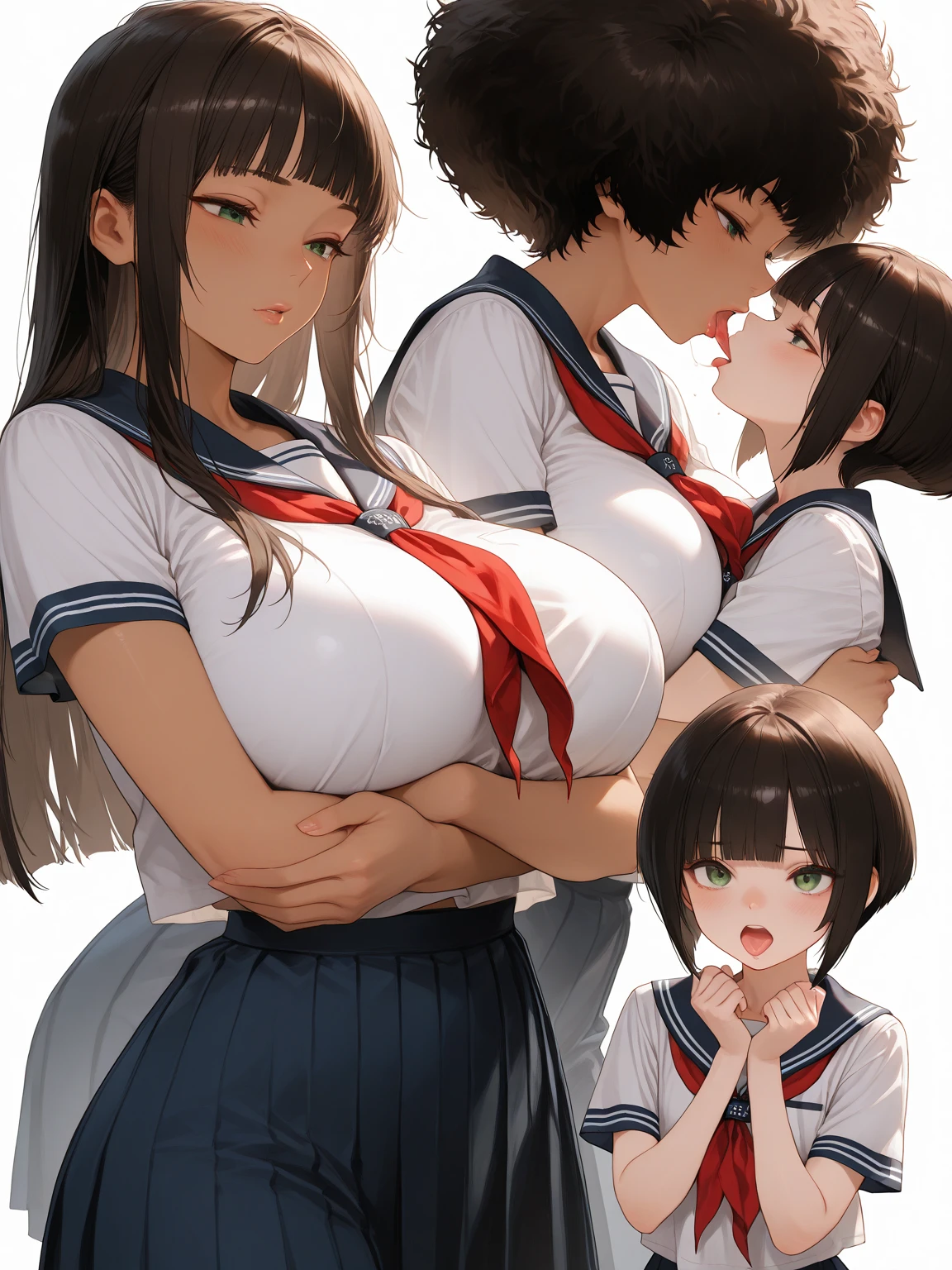 (masterpiece, best quality:1.2), front shot,  beautiful 1girl, (micro waist, very long legs:1.4), (super big breasts:1.2), Black hair, short bob hair, short height, scrawny and thin body, Light Skin, cute big eyes, cute beautiful thin face, forced smile, serafuku, , pigeon-toed, wet and sweaty, visible ribs, Long and thin navel, V sign, Trembling, her breasts fondled by ugly man