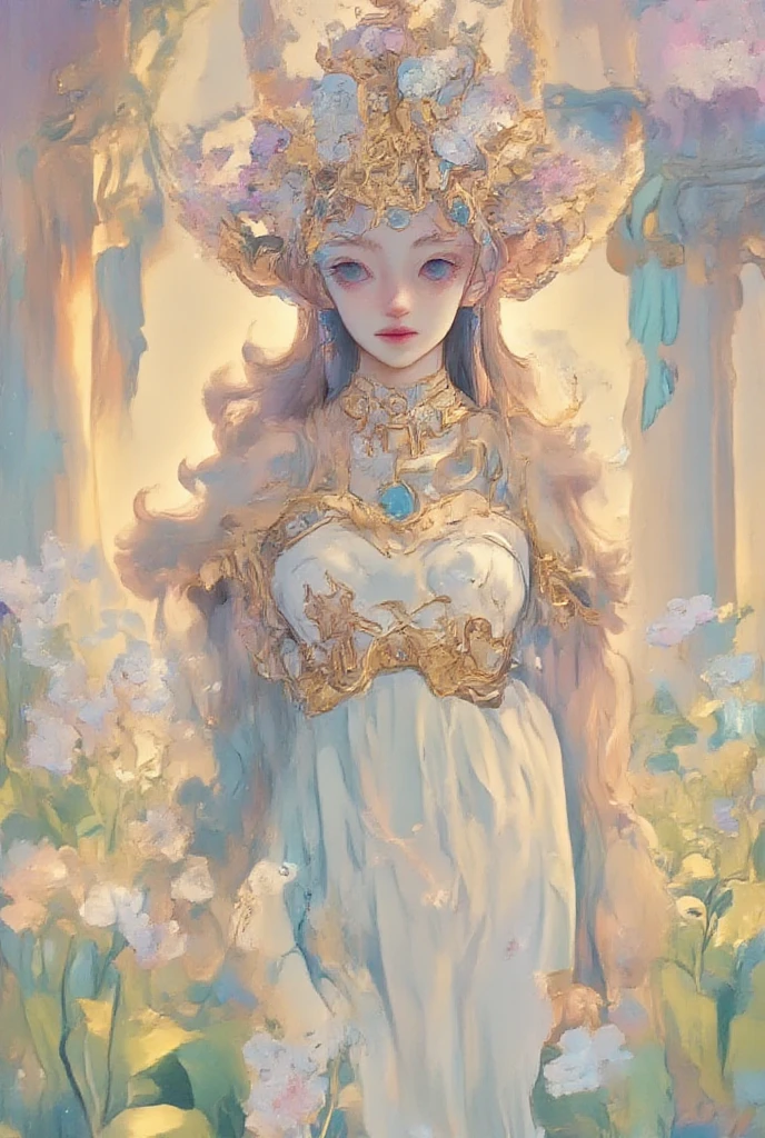 In the void, Beautiful  leisurely standing on green leaves dancing，The body is entangled with flowers and green leaves，A lotus flower squeezed in his hand，The head is tilted slightly to the right，white streamer，Delicate and radiant skin，Barefoot，（Long curved eyebrows），Beautiful eyes sparkle，The large, Jewel-like eyes sparkle，Clear pupils have reflected light，二重まぶた，Lying silkworm，looks into camera，（（Plump and rosy lips）） Clearly visible，（（Flushed cheeks）），The mandible is plump，Green skin is delicate and smooth，Delicate skin translucent，The streamers on the body are wrapped around the leaves，jewel embellishment，A delicate and dexterous crown，inlaid gemstones，Delicate and skillfully set gemstones，（Yellow dress），Perfectly designed jewelry is exquisite，Beautiful eyes looking directly at the camera，(((nice hand)))，（（（（Good feet））），（（（good legs））），realisticlying，white skinned，（（Correct body structure）），Golden costume，Blue sky，Head background with round light，Behind him is a colorful rainbow circle，Color glow is turned on，Front lighting，Positive light，No shadows on the face，There are no shadows on the body，Blue sky，Unreal space，ethereal world，dreamworld，with blue sky and white clouds，tmasterpiece，4K，ultra-definition，professional photoshooting，Perspective looks up，Standard lens shooting，