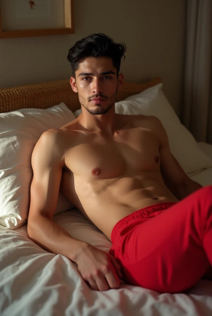 handsome guy with good figure，Lying on the bed wearing only briefs.Putting his hands on his belly, he looked satisfied, red roses, roses bed, roses on bed, red bikini, big bulge, bulging, big 