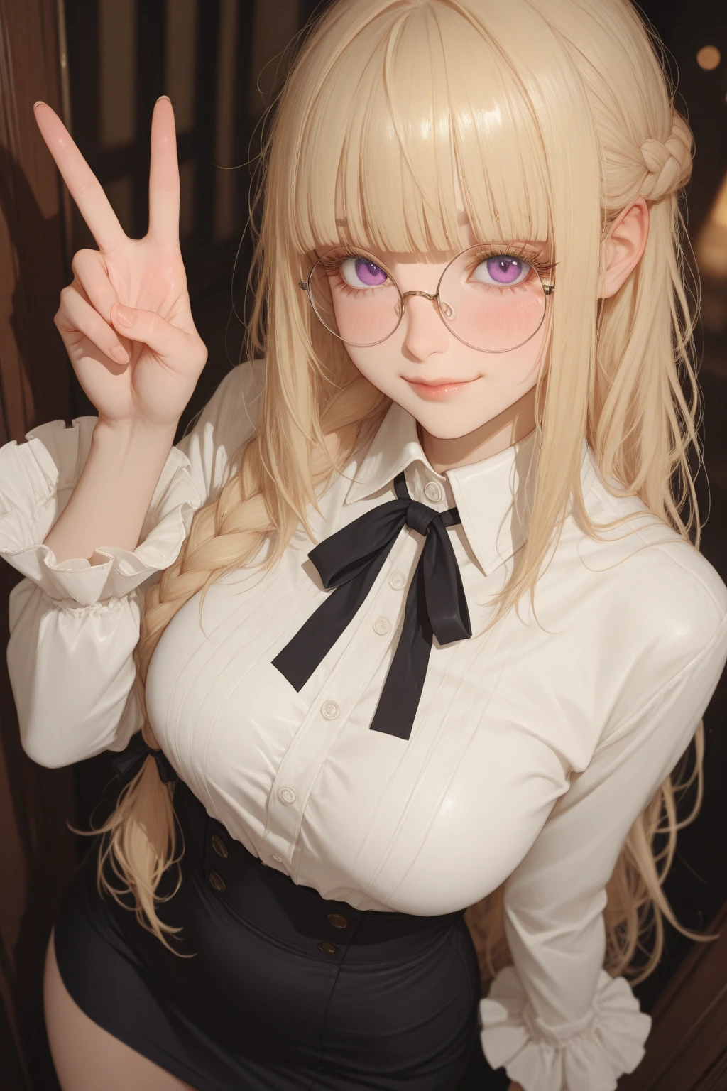 Masterpiece, 最high quality, high quality, High resolution, high quality texture, high quality shadows, High resolution, Beautiful details, Detailed CG, Detailed Texture, Realistic representation of face, Realistic, colorful, delicate, Cinematic Light, Side light, Lens flare, Ray Tracing, sharp concentrated, (1 Girl,concentrated:1.3), ( Intricate details, compensate, PureErosFaceV1:0.5), (細部まで美しいdelicateな顔, 緻密で美しいdelicateな瞳, Perfect  Proportions, Dense skin, Optimal ratio of four fingers to one thumb, Arms under chest, Modest chest, Wide Hips, Smooth upper abdomen, 30 years old, blue eyes, glasses,cabin attendant uniform,white blouse,tight fitting black skirt,black stockings, excellent secretary ,working as a secretary, wooden desk, wooden chair, house wife, the gaze of true love, lips of temptation, A look full of compassion ,a smile full of love, i love you, Acting lovey-dovey, air fortress hair, blonde hair, I love you so much I'm crazy,i love you