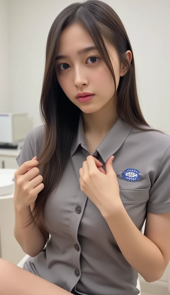 ((top-quality、8k、​masterpiece:1.3))、Beautiful woman with perfect body:1.4、slim abdomen:1.2、Longhair, normal breast, Highly detailed  and skin texture, A detailed eye, delicate eyes, double eyelid, (smile), (full body shot), ((office)), (sitting on chair), ((wearing white uniform 1.1), looking in front