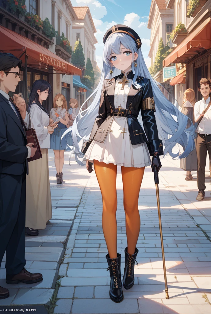 A woman wearing a casual gray shirt, sleeveless shirt, eagle symbol on the shirt, denim shorts,  thigh, leather boots, a jacket tied between the waist, navy blue cap, white hair, long hair, purple eyes, smiling,  large, walking on a sidewalk in a park, with a decorative water fountain in the background, blurred background, daytime location.
