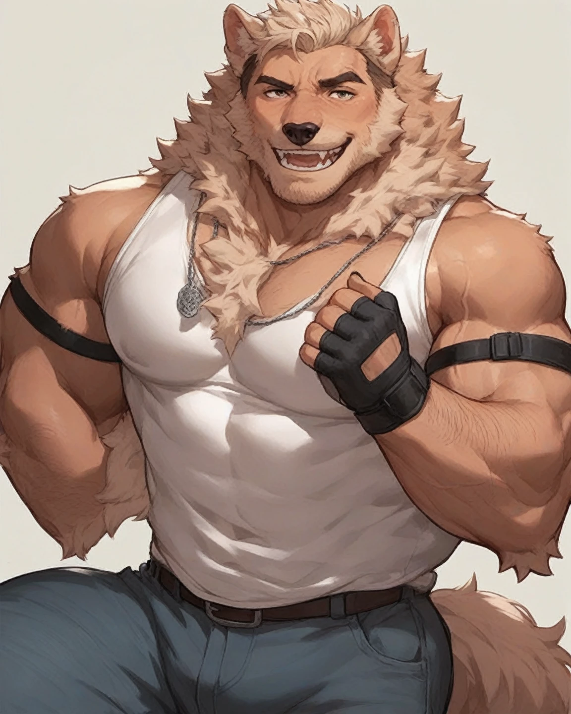 Furry giant wolf with boxer shorts over the magnificent volume full of muscles all over his body 