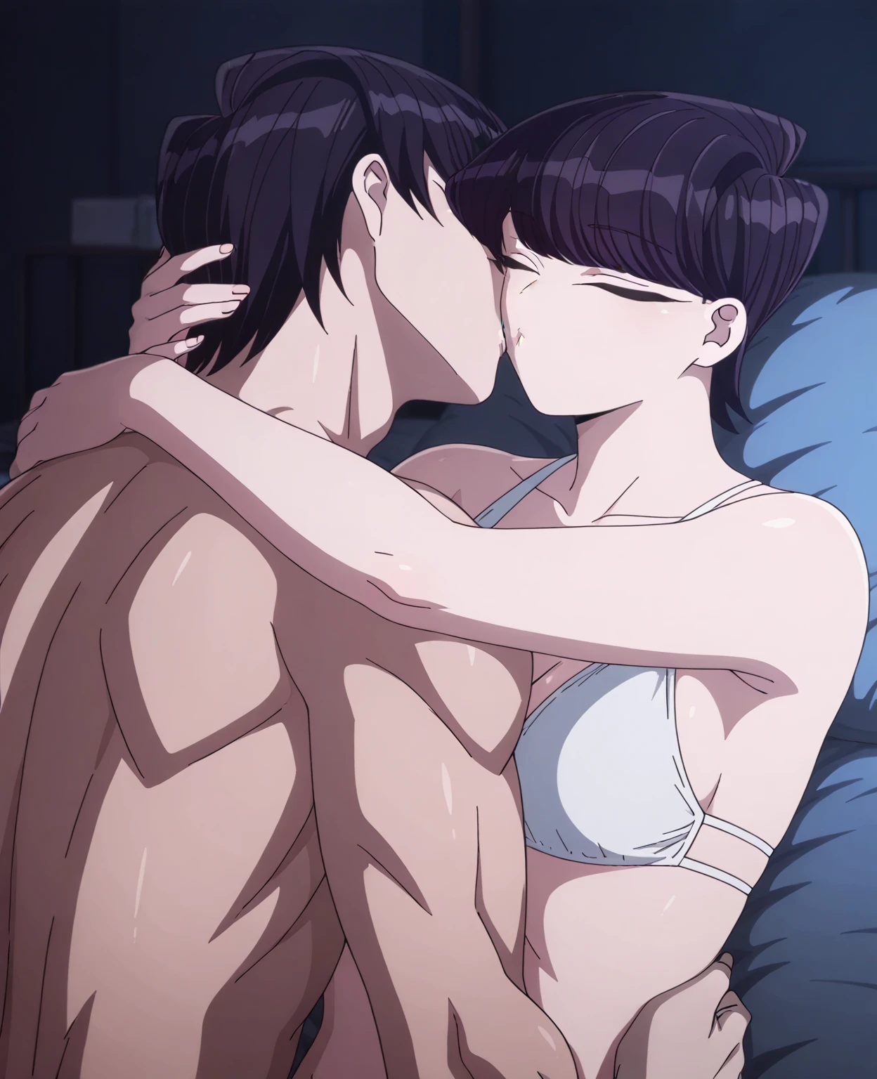 shinkai makoto, kimi no na wa., 1boy, ????, muscular, buzzcut, boy behind girl, touching ?????, breatsgrope ???????????, grab, grabbing ?????,chestgrab behind back, hold ??????, hug back, hugging, 1girl, bangs, black hair, brown eyes, short hair, hair ribbon, ???? pose, arms up, beach, open mouth, blush,  cowboy shot, medium ??????, white bra, whit panties, masterpiece, masterpiece, indoors, night, bedroom 