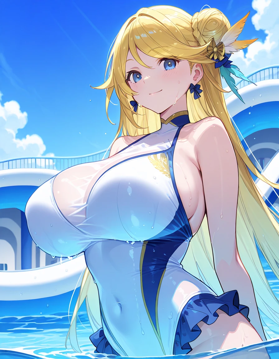 (((Colossal ???????))) ??????????? ????? (glowing blue eyes) Blonde White skin Long hair Blue ?????? swimsuit ???? Flower hair ornament (blush Puzzled face)