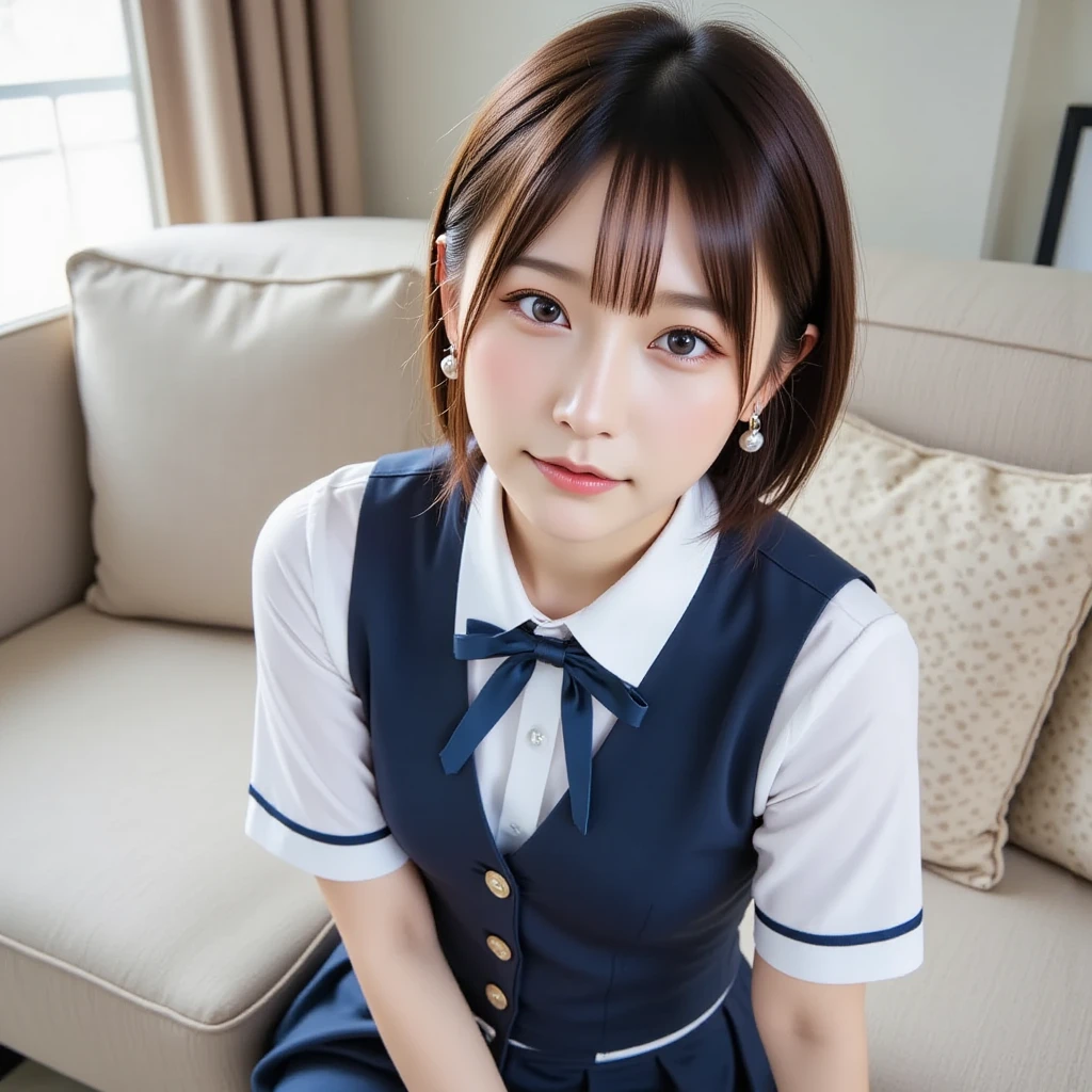 skirt flip、border 、live-action、navy blue sailor suit、smile、viewers、 (Student uniform , White Collar Shirt, bow tie, Navy Blue Pleated , black knee high, absolute domain, pumps:1.2)、 taken with a camera
