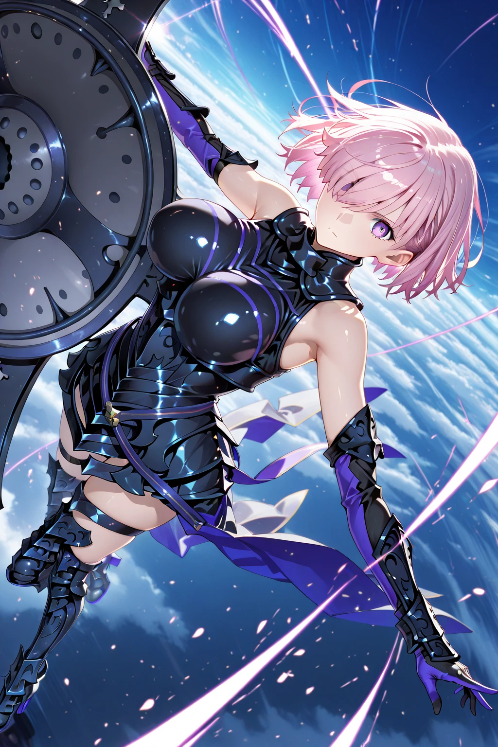 (masterpiece, top quality, best quality, beautiful and aesthetic:1.2), full body, SFW, extremely detailed, detailed face and eyes, detailed hands, cinematic light, depth of field, 1girl, seducing smile, solo, official, (full armored knight:1.4), dark armor, mash kyrielight, light purple hair, short hair, hair over one eye, slim body, cinematic lighting, dramatic lighting, dramatic atmosphere, hyper-realistic, high resolution, stunning contrast, high quality, best quality, 8k, 4k, intricately detailed, (amazing details:1.2), highly detailed skin, powerful presence, vibrant colors, (detailed eyes:1.2), striking eyes, (detailed background), (warzone on background, night, ruins), (dynamic angle:1.2), (dynamic pose:1.2)