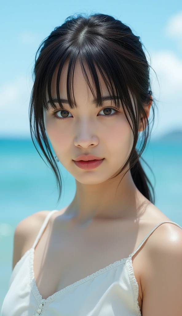 Highest quality、 Very detailedな、High resolution、8k wallpaper、Perfect dynamic composition,、Beautiful Eyes、Completely 、Natural color lip、(( shot looking at camera))、(Highest quality: 1.3), (masterpiece: 1.3), (Very detailed: 1.3)、((Japanese Idols))、very cute、bangs、ponytail、10 years old、((Small :1.3))、Ocean、Sandy Beach、Squint your eyes and laugh、Shut your mouth.、