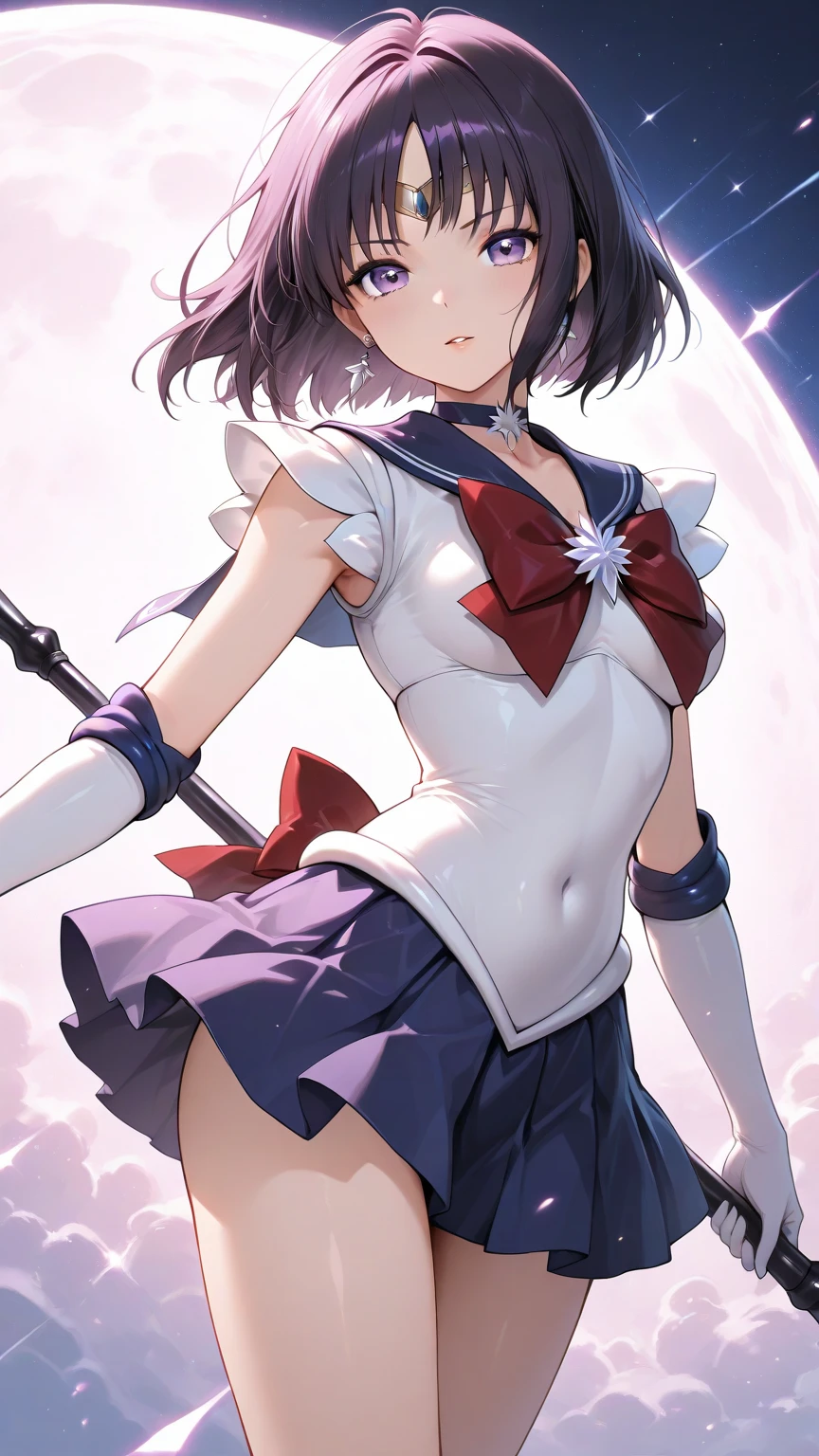 (masterpiece、highest quality:1.2), solo, 1 girl, Sailor Saturn, Magical girl, smile, view audience, put your hand on your waist, tiara, sailor warrior uniform, pleated skirt, elbow bag, jewelry, brooch, choker、night、star、full moon、
