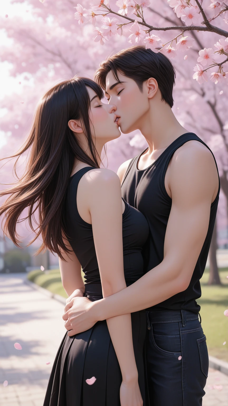 Tall black African muscular man hugs black lace bikini Japanese beauty,Huge milk,face to face,catss ,Look up,(pretty legs:0.9)Chinese beauty wraps her legs around tall black man'waist-up,The black man buried his face in the Japanese beauty's