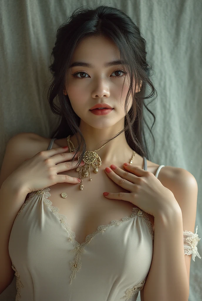 An exquisite portrait of a korean woman with pale skin, the photograph captured in stunning 8k resolution and raw format to preserve the highest quality of details. The woman's beauty is undeniable. She wears a deep cut dress that complements her radiant skin, and her eyes are portrayed with meticulous attention to detail, showcasing the captivating depth within. The photograph is taken with a lens that emphasizes the gentle smile in her eyes, and the backdrop is a dark studio setting that enhances the muted colors of the scene. The lighting and shadows are expertly crafted to bring out the richness of her skin tone and the subtle nuances of her features. Her pure black hair, with its distinct hue, adds a touch of contrast against her white skin. The interior setting adds a sense of intimacy, while the freckles on her skin tell their own story. The overall composition captures her essence with authenticity and grace, creating a portrait that is a celebration of her heritage and beauty. Photography utilizing the best techniques for shadow and lighting, to create a mesmerizing portrayal that transcends the visual, slightly tilted head, (extreme iris details:1.4)