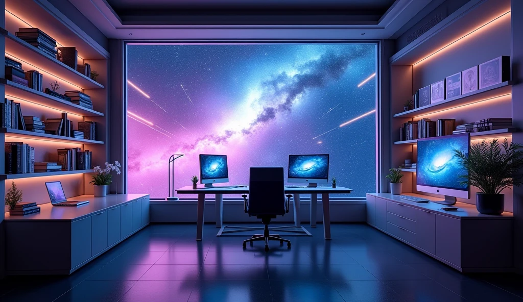 cartoon high tech room with blue purple lighting with desk and computer in the middle with space background high resolution best quality