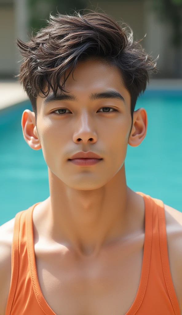 Tom Holland, (masterpiece, best quality), 1man, muscular, bright colors, (depth of field: 1.2), sunlight, bright, high exposure, 1boy, male focus, asian, solo, male high school, light skin, , , muscular, handsome, outdoors, bathing with steam, hot spring, hot spring, sweat, look at the audience, depth of field, bokeh, detailed background, detailed lighting, diffuse natural sunlight, diffuse natural skin shine, symmetrical eyes