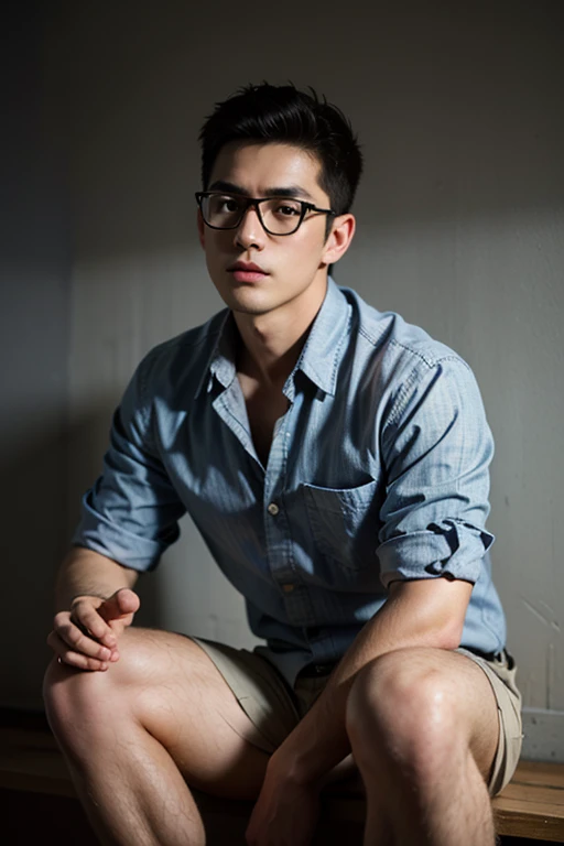 very hairy legs, wearing converse, A man in his late 20s sitting with his legs crossed., Japanese, asia, wearing beige shorts, wearing a t-shirt, muscular and toned legs, glasses
