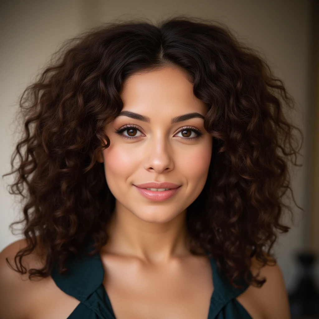 brown woman, 3, developer, evangelical, curly hair with highlights below the shoulder, Brown eyes, fleshy lips, 80 kilos