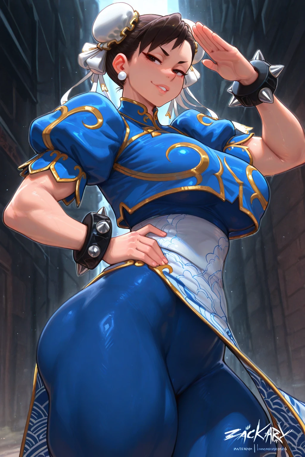 Chun-Li,linda jovem com uniforme azul classico, coxas grossas, belas coxas sexy,um pouco muscolosa, cabelo preso, black tights, floresta,noite ceu estrelado, Standing alone.solo,