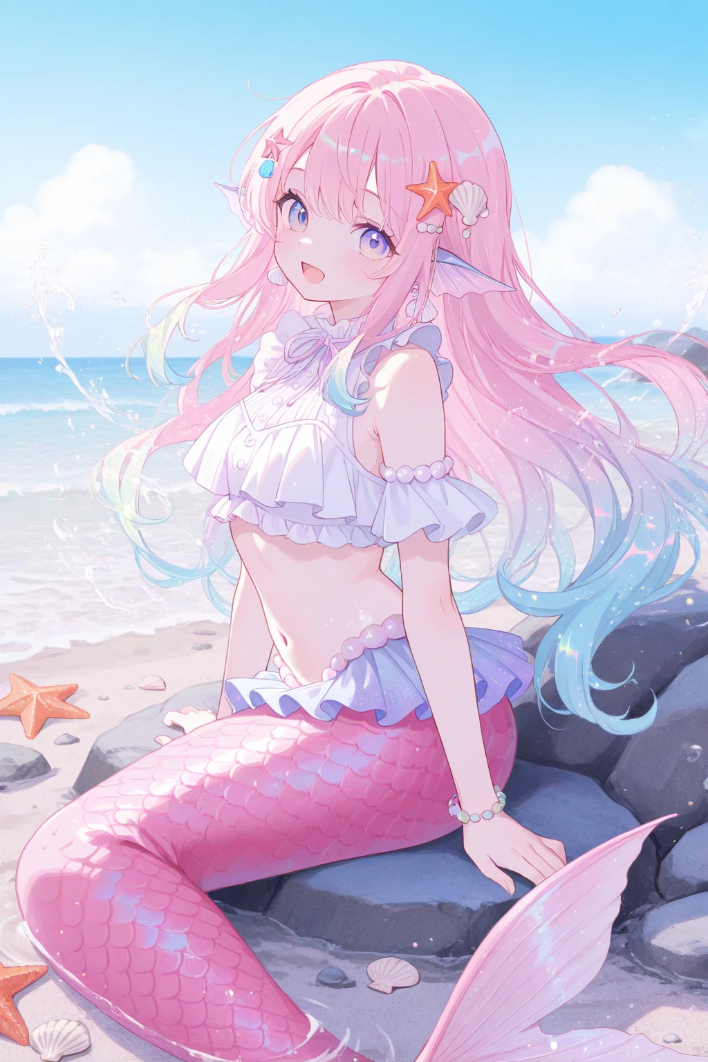 Mermaid underwater mermaid, mermaid tail, mermaid tail below waistline, scales mermaid tail, jacket, , 1girl, pink hair, long hair, pink eyes, happy, blush, sink supermarket background underwater sea, deep sea, fish,