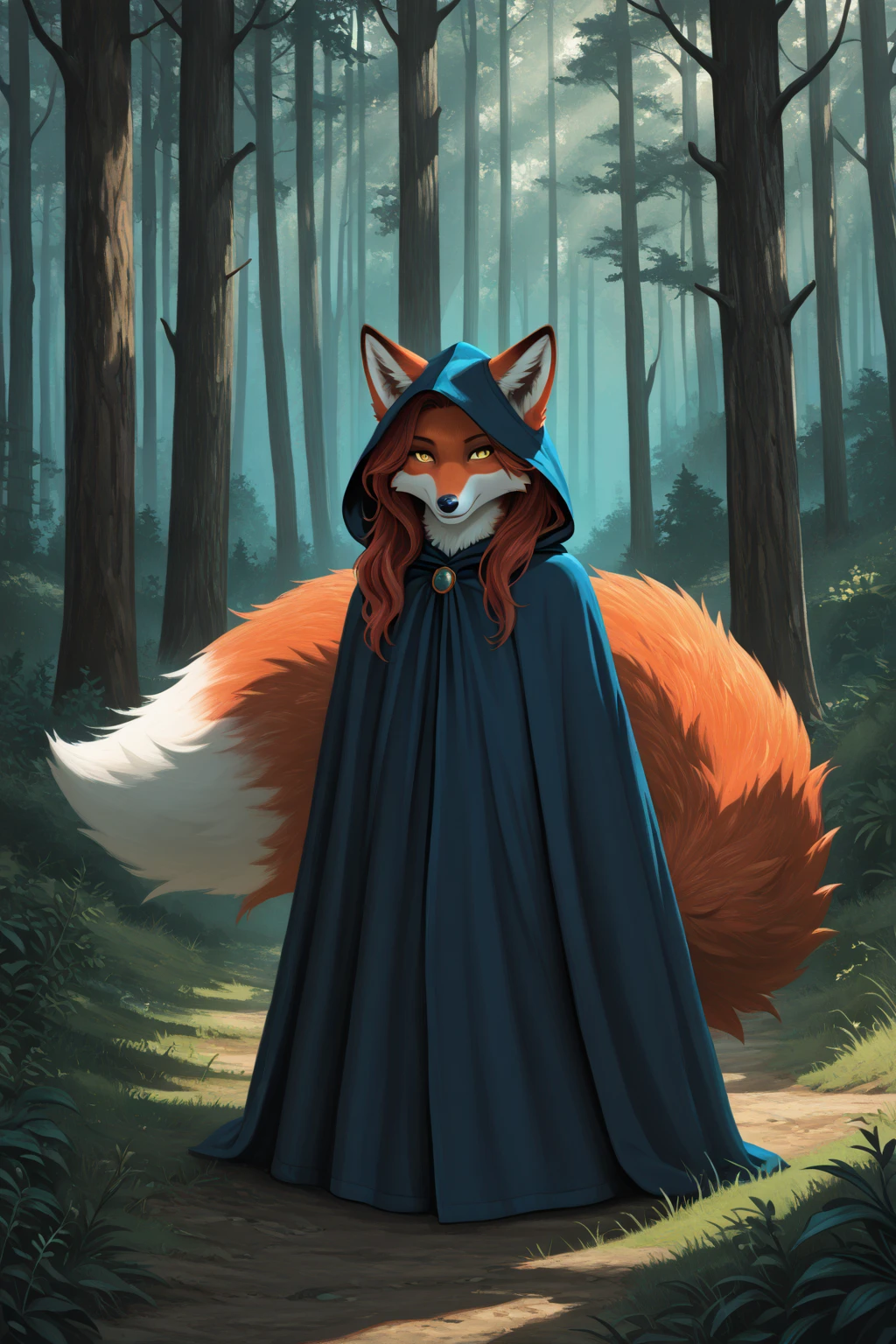uploaded to E621, beautiful and detailed portrait of an anthropomorphic vixen ((female))), (detailed averi), (detailed lighting), (detailed fur), (detailed breasts), BREAK, (cinematic lighting), ((detailed background)), ((depth of field)), (half body shadow), ((looking at viewer)), [backlighting], [detailed ambient light], [ambient light on the belly], [realistic proportions], [, adult, ], [sharp focus], (), (shaded), (hi res), ((masterpiece)), (Averi, Fox girl), (anthro, fluffy fur), anthro fox girl, body fur, curvy, sexy, nice, cute, hot, sassy, sassy hips, (Averi, Fox girl), green eyes, solo, blush, smug smile, forest, trees, lightning, night, rain, wet fur, flat chest, chest fluff, striped thigh highs, colorful thigh highs, high socks, thigh high socks, striped high socks, legs adorned with colorful fabric, speech bubble, heart, hearts,  pose, sexy pose tail tip emanating magnificent magical fire, scarlet fire encircling the tail tip, fiery tail tip, fiery magical tail, magical tail fire, scythe with sharp blade, grim reaper's scythe, grim reaper girl, grim reaper, scythe, wearing grim reaper's cloth, dark hooded red cloak, red cloak, rugged broken clothes, wielding a scythe, clothes being blown by wind