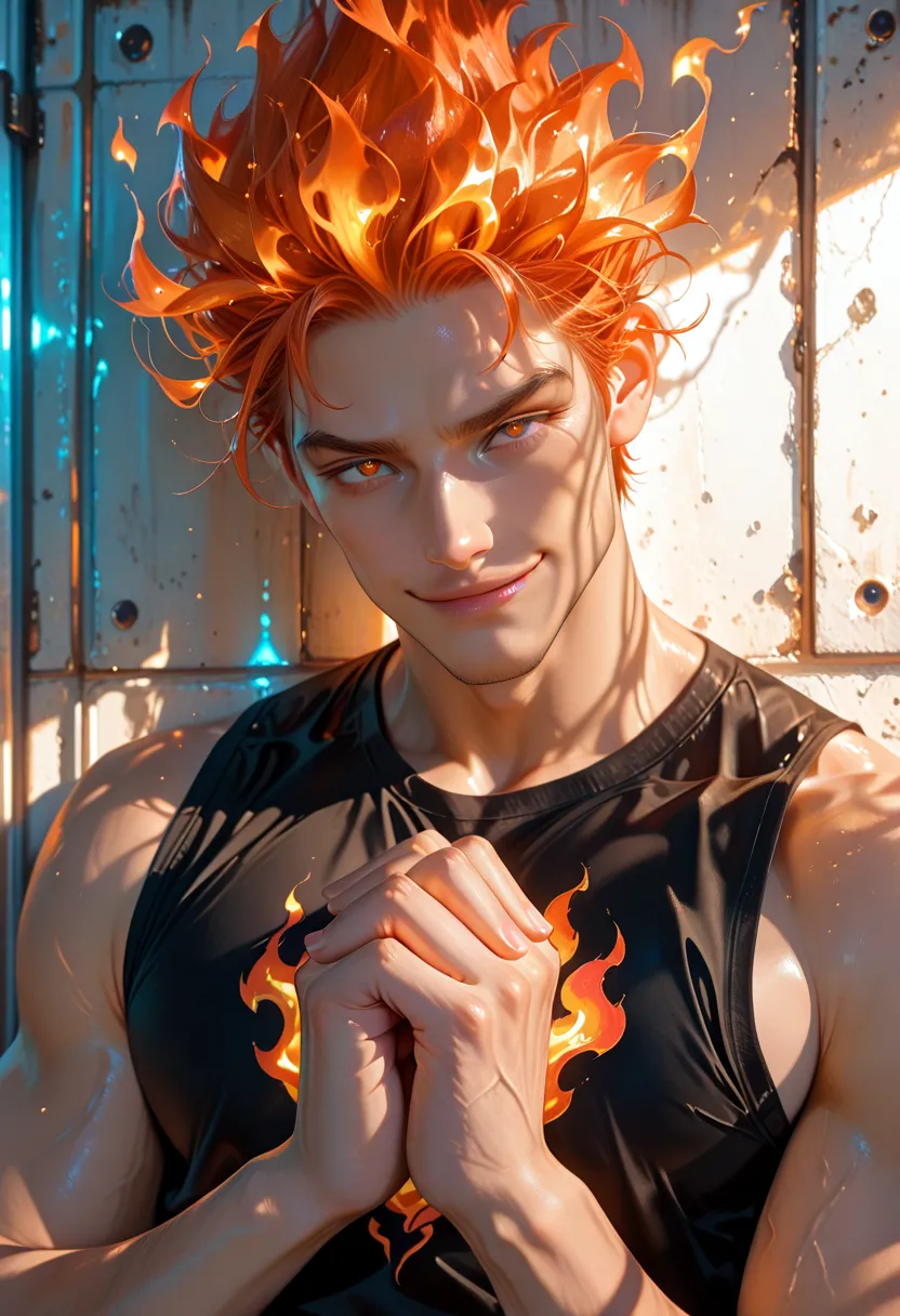 Real life adaption of this character , handsome face, same spiky hair, muscular man body,(realistic same outfit),realistic scenery background , realistic light, realistic shadow, realism, hyper realistic,(photorealistic:1.2), normal small eyes, normal hand,there  a little bird on his Shoulders