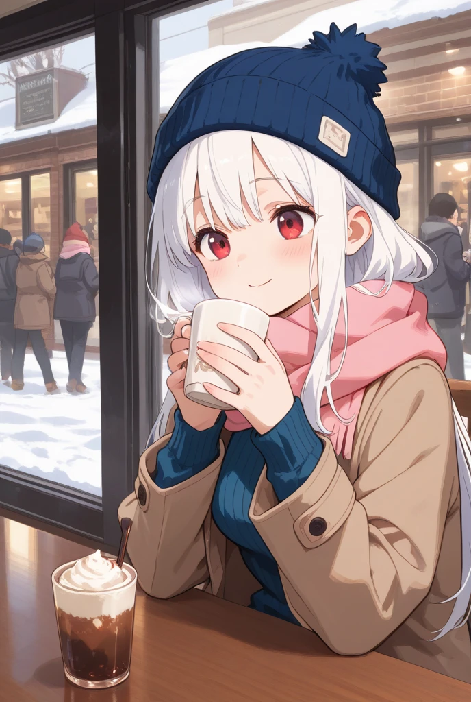 「At a cafe on a winter night、Outside the window, snow is falling quietly。The character sitting in the corner of the cafe is、Holding hot cocoa、Wearing a thick sweater。There are Christmas decorations in the background、The soft white and red tones create a warm atmosphere.。There is a fireplace in the cafe.、The fire is flickering。」
English: