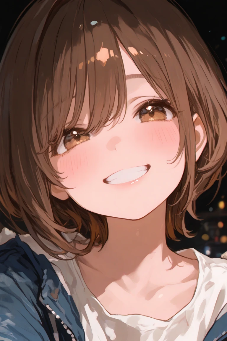 detailed illustration, dynamic angle, ultra-detailed, illustration, 1girl, 18 year old, school girl, wavy brown hair, long hair, bright brown eyes, hearts, white shirt, blue plaid skirt, cleavage, flush, blush, arousal, laying on bed, drunk, dizzy, swirl eyes, wide eyes, open mouth, confused, wide eyes, shocked eyes, amazed eyes, beer bottle, happy, smile