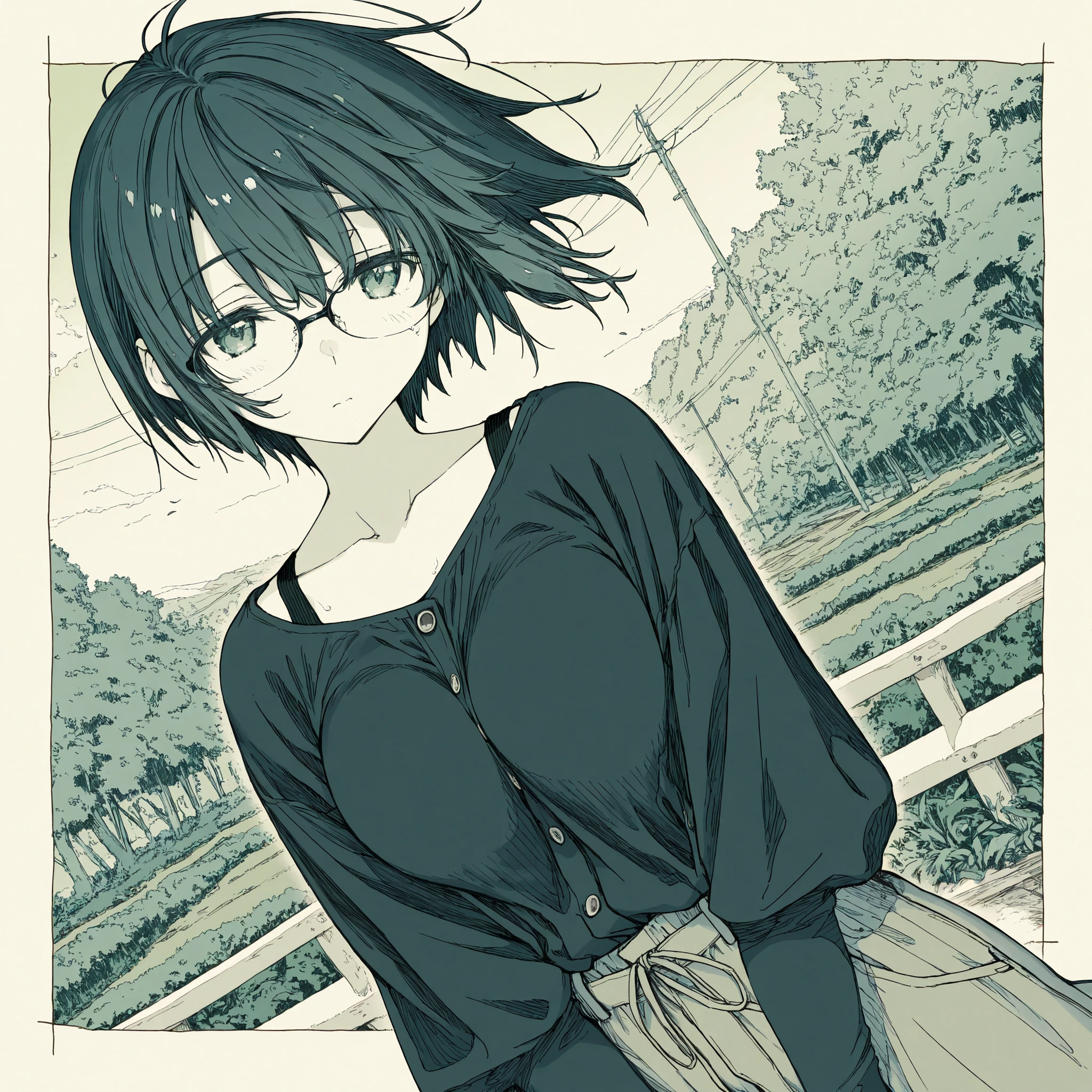 ultra-detailed:1.3, ultra delicate and detailed face:1.3, (absurdres, texture, masterpiece), ennui, pixiv contest winner, by Posuka Demizu, dynamic manga-style illustration of slender girl with glasses is sitting, moist eyes and lips, head tilt, head side,
