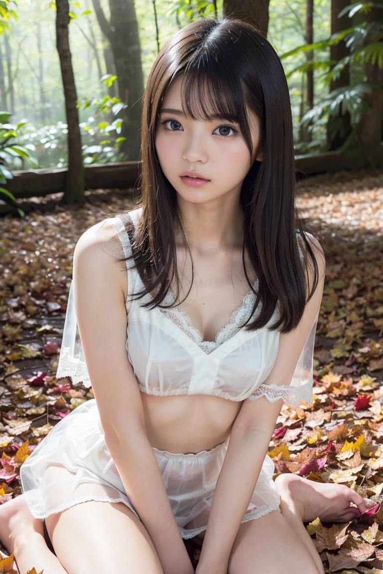 highest quality, High resolution, Realistic photo, Detailed skin texture, ((Cute 12 year old Japanese girl wearing a see-through short white camisole)), View your viewers, Slim figure, Attractive gaze, Fair skin, (Flat ?????:1.5), Straight long hair, (loli:1.2), In the park with cherry blossoms falling