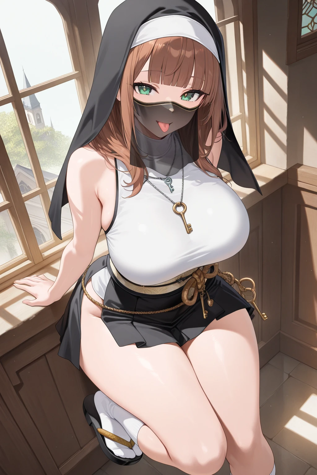 a 25 year old Italian girl with super gigantic breasts wears a dress made up of a torn blouse that cannot contain her breasts and a , she has a slave collar and very long brown hair, she is a prisoner in a horror movie dungeon kneeling, feet , breasts tied together, arms and hands chained to a wall, the body is tightened by  straps