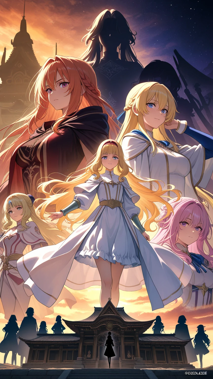 masterpiece, best quality, 2 girls,  variety of hairstyles, fantasy costume, ((white background)), full body, multiple views, anime style, uniform, cape,