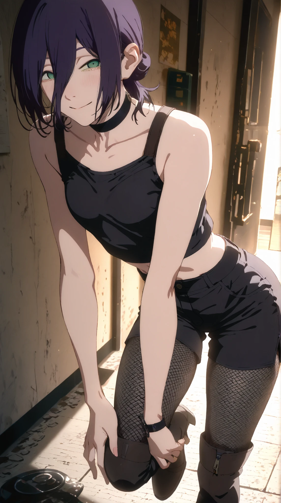 a black-haired girl with a short haircut and orange eyes, half- sitting on a white bed, straightening her hair with her hand, legs bent under herself, black T-shirt, half-open mouth, , dim lighting, black sleeveless T-shirt, closed legs,