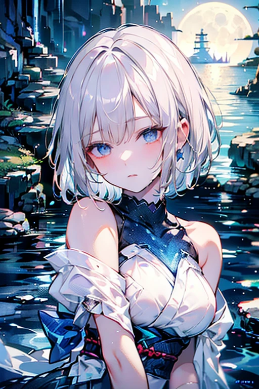 beautiful, masterpiece, Highest quality, anime, One girl, C Cup,Portrait Shot, View your viewers, Covered、Short Hair、nearby、Blue Eyes、art、、White hair,Blue streaked hair、wallpaper、hairpin、Thighs、navel、Floating sci-fi hair accessories、Sci-fi knee-high boots、Cute、Torn sci-fi underskirt、Torn sci-fi combat uniform、Embarrassed